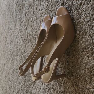 Tan patent peeptoe slingback heels